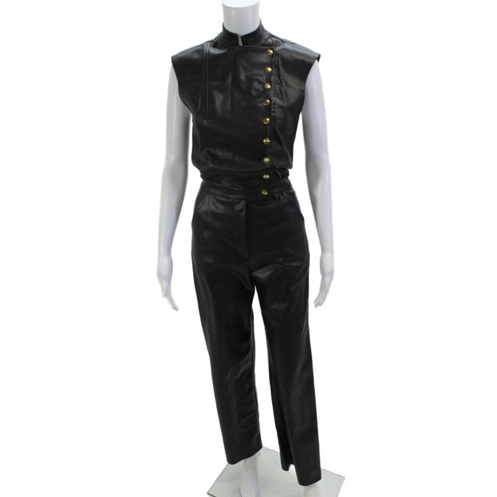 Jane Wood Womens Collared Sleeveless Black Jumpsuit Polyurethane Size 34